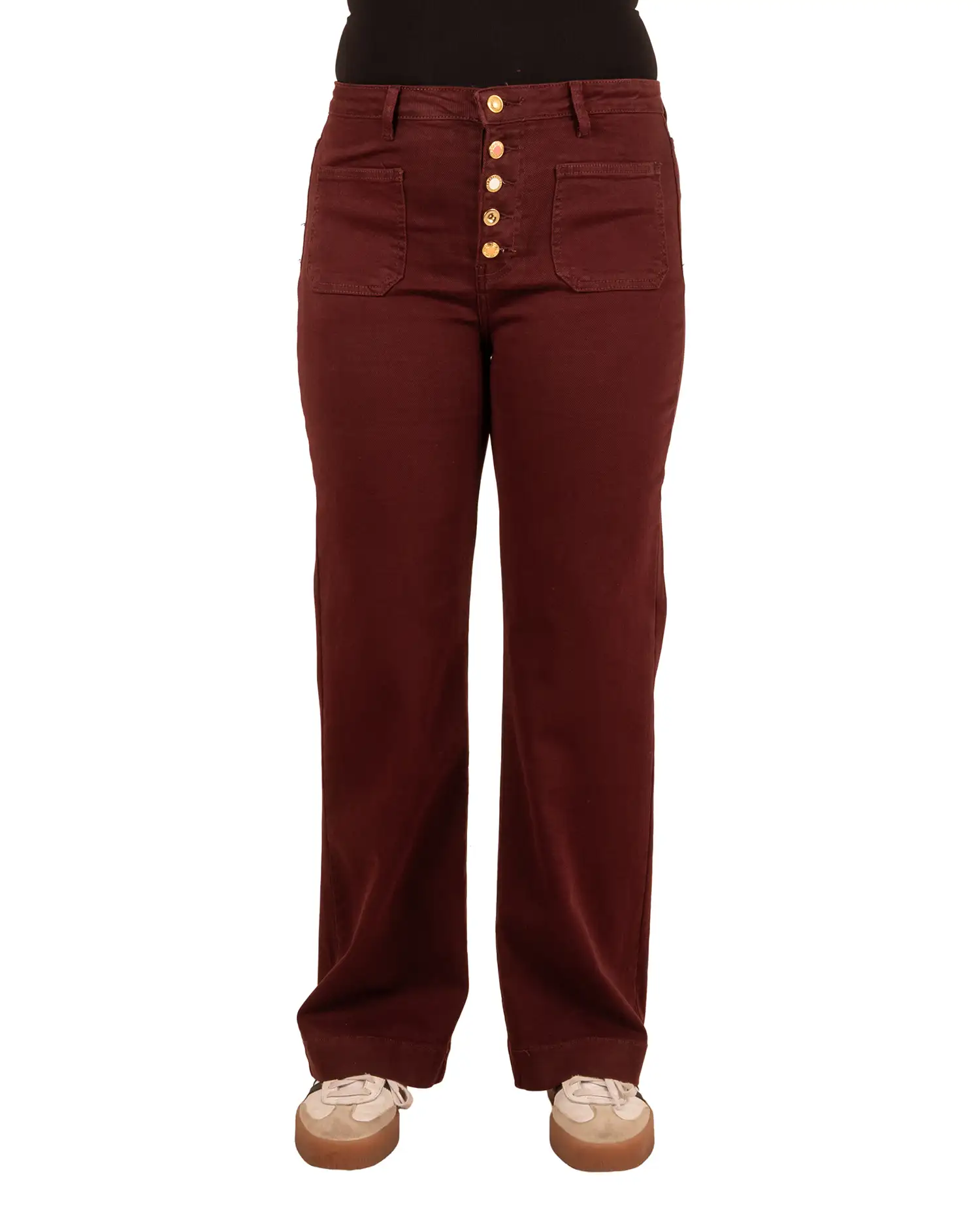 Bordeaux wide leg jeans met knopen van Miss Bon - Afbeelding 4