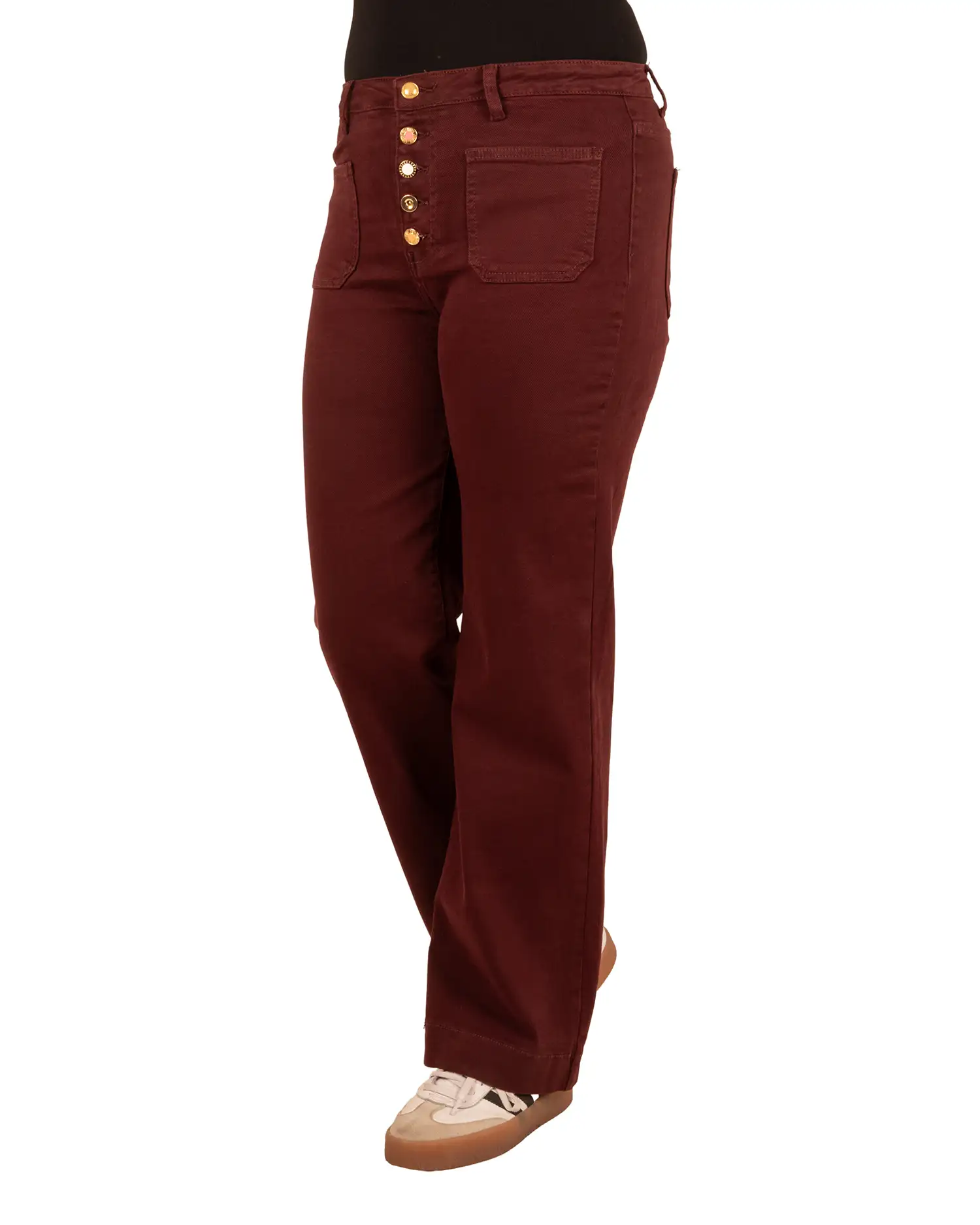 Bordeaux wide leg jeans met knopen van Miss Bon - Afbeelding 2