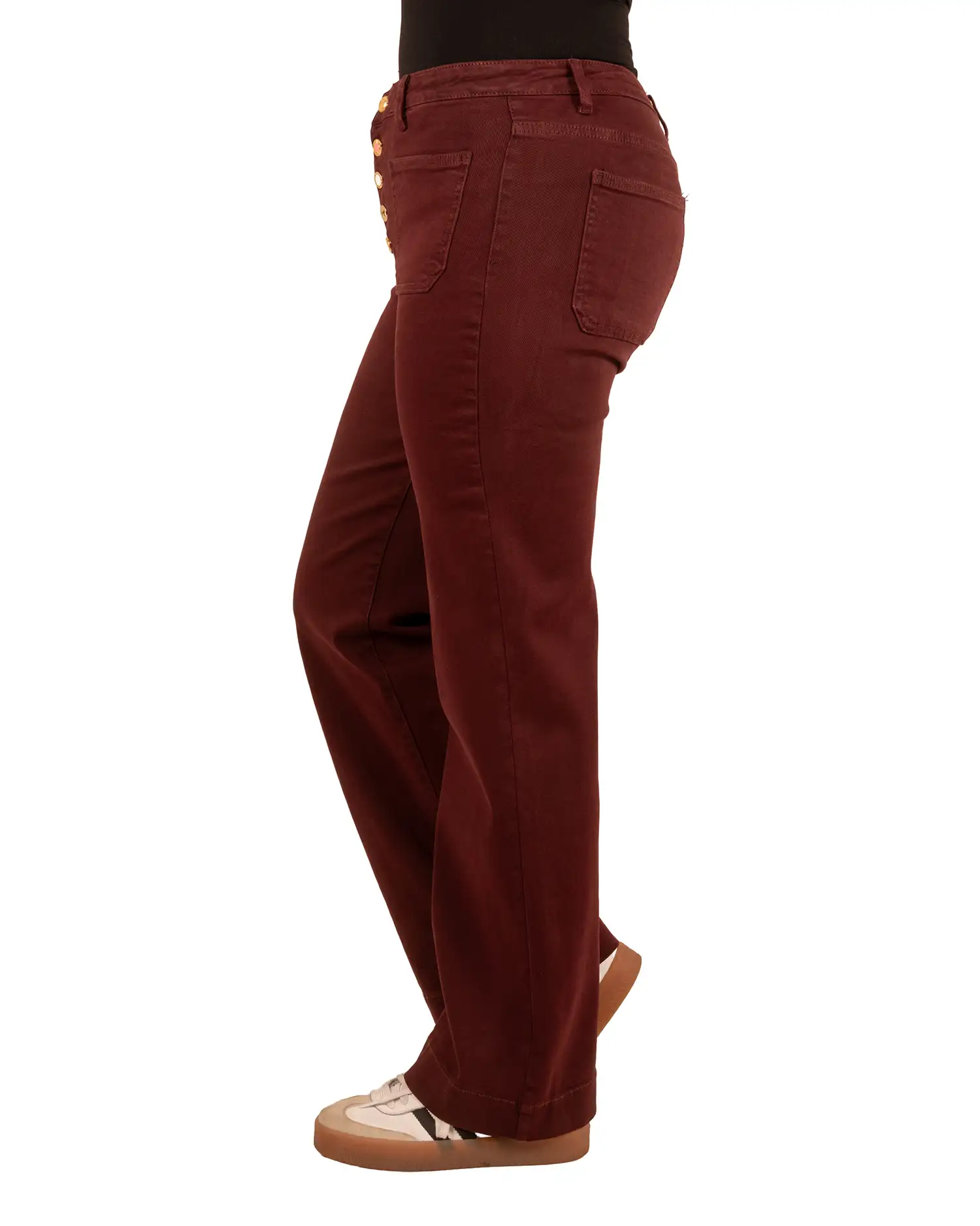 Bordeaux wide leg jeans met knopen van Miss Bon - Afbeelding 3
