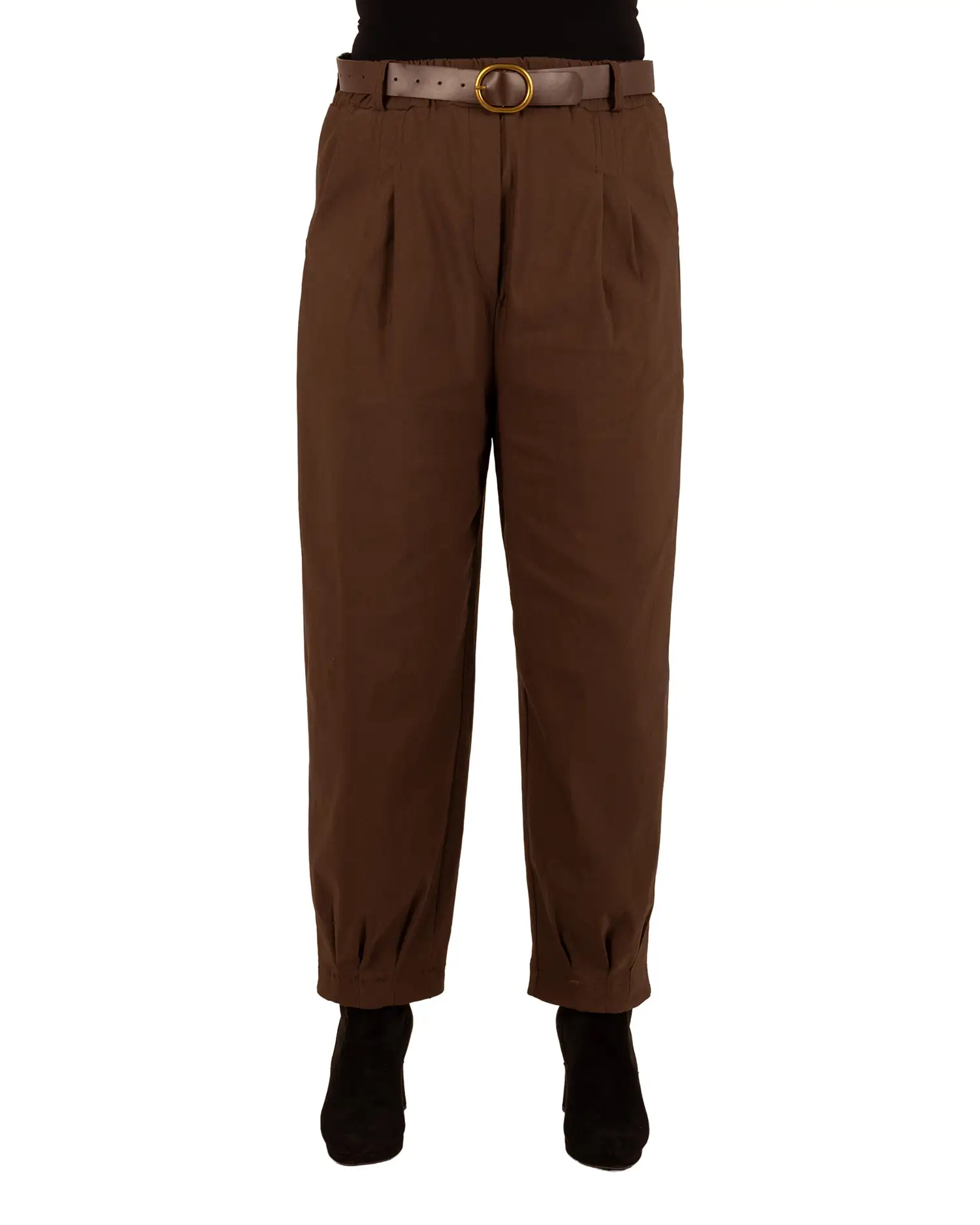 Donkerbruine stretch barrel broek met riem van El-Vita - Afbeelding 3