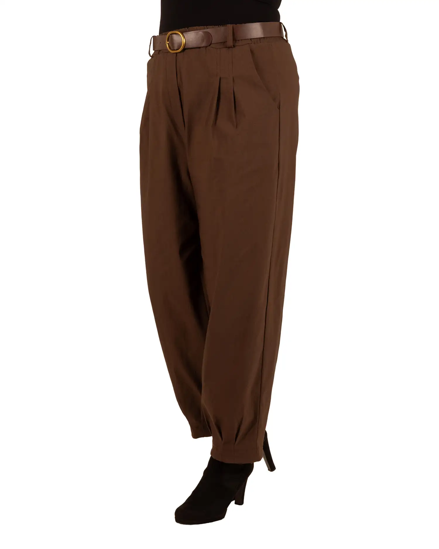 Donkerbruine stretch barrel broek met riem van El-Vita - Afbeelding 2