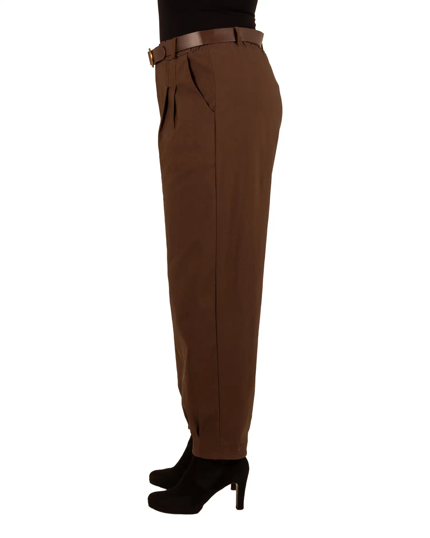 Donkerbruine stretch barrel broek met riem van El-Vita - Afbeelding 4