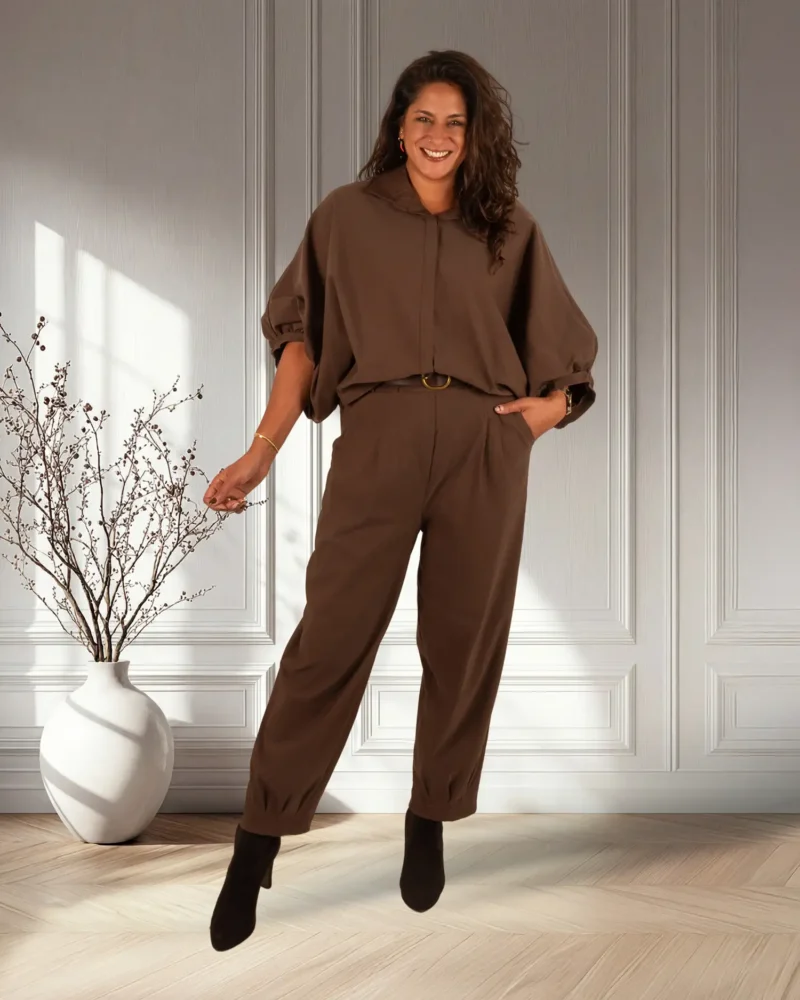 Donkerbruine oversized stretch blouse van El-Vita - Afbeelding 2