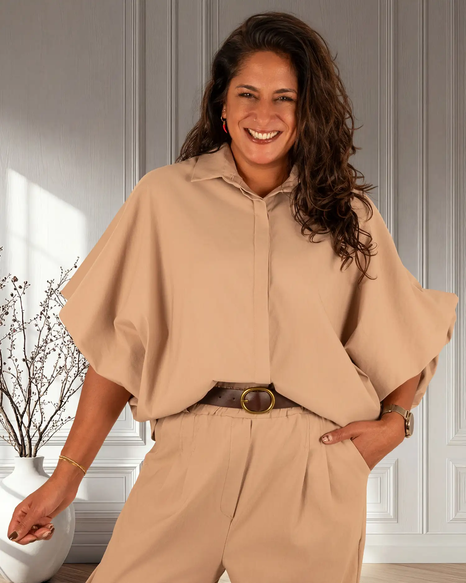 Beige oversized stretch blouse van El-Vita - Afbeelding 3