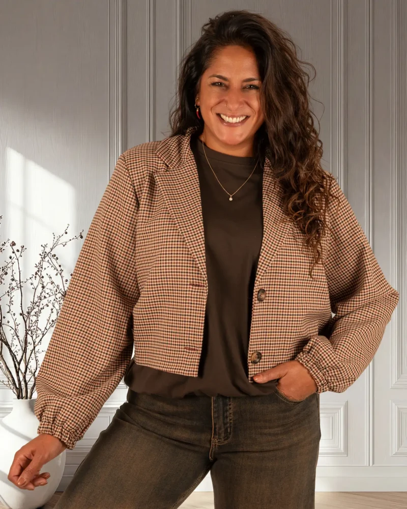 Camel geruite korte blazer van El-Vita - Afbeelding 3