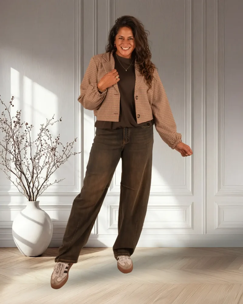 Camel geruite korte blazer van El-Vita - Afbeelding 2
