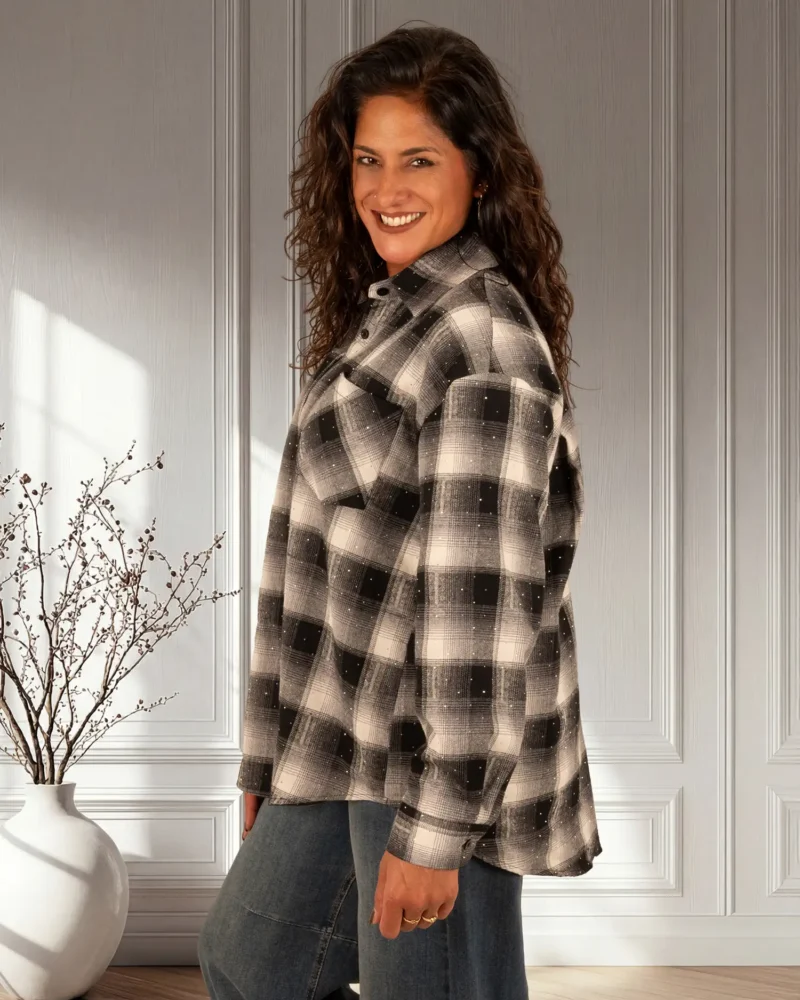Zwart/beige geruite blouse strass van My Fave - Afbeelding 5