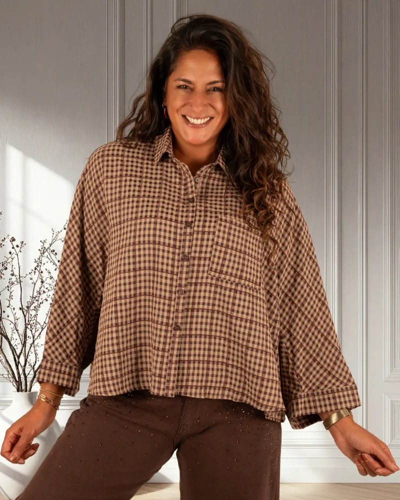 Donkerbruin/camel geruite blouse van Elenza - Afbeelding 3