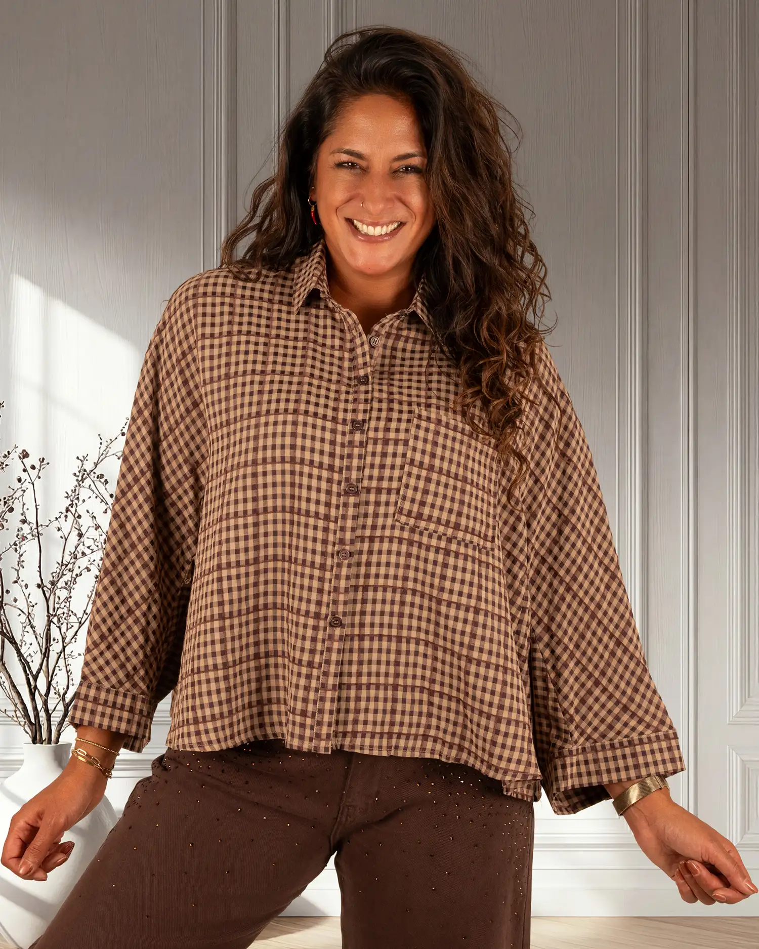 Donkerbruin/camel geruite blouse van Elenza - Afbeelding 3