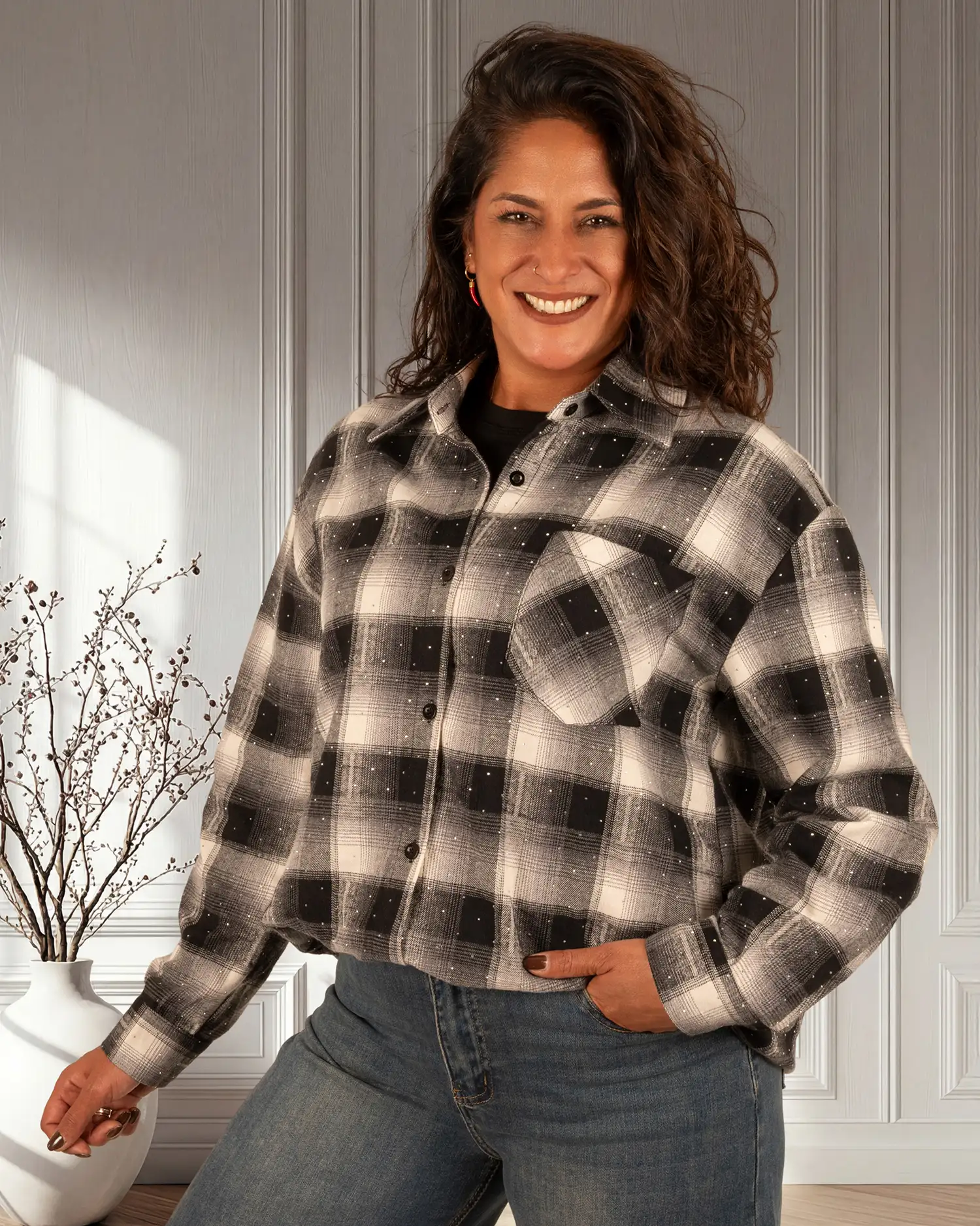 Zwart/beige geruite blouse strass van My Fave
