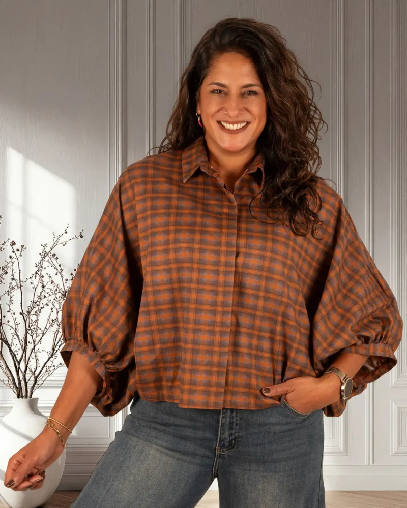 Roest/bruin geruite oversized blouse van Gemma Ricceri