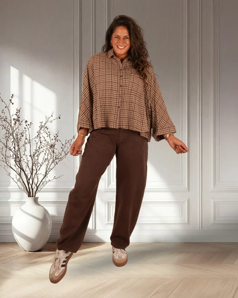 Donkerbruin/camel geruite blouse van Elenza - Afbeelding 2