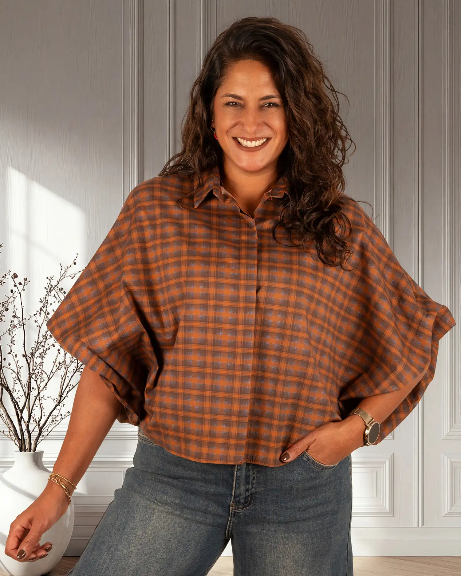 Roest/bruin geruite oversized blouse van Gemma Ricceri - Afbeelding 2