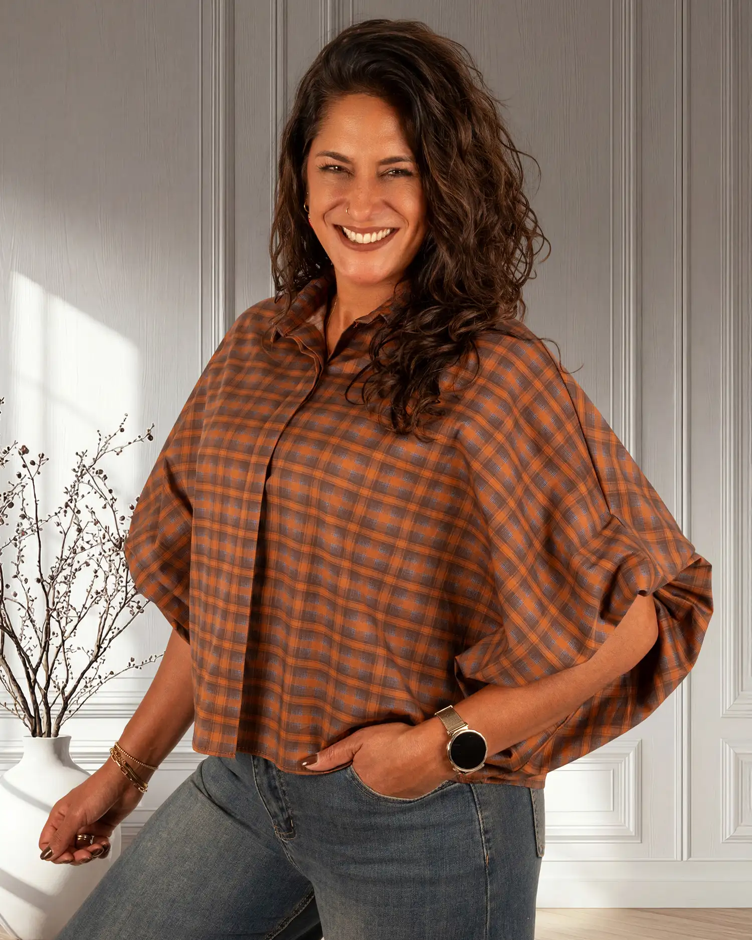 Roest/bruin geruite oversized blouse van Gemma Ricceri - Afbeelding 4