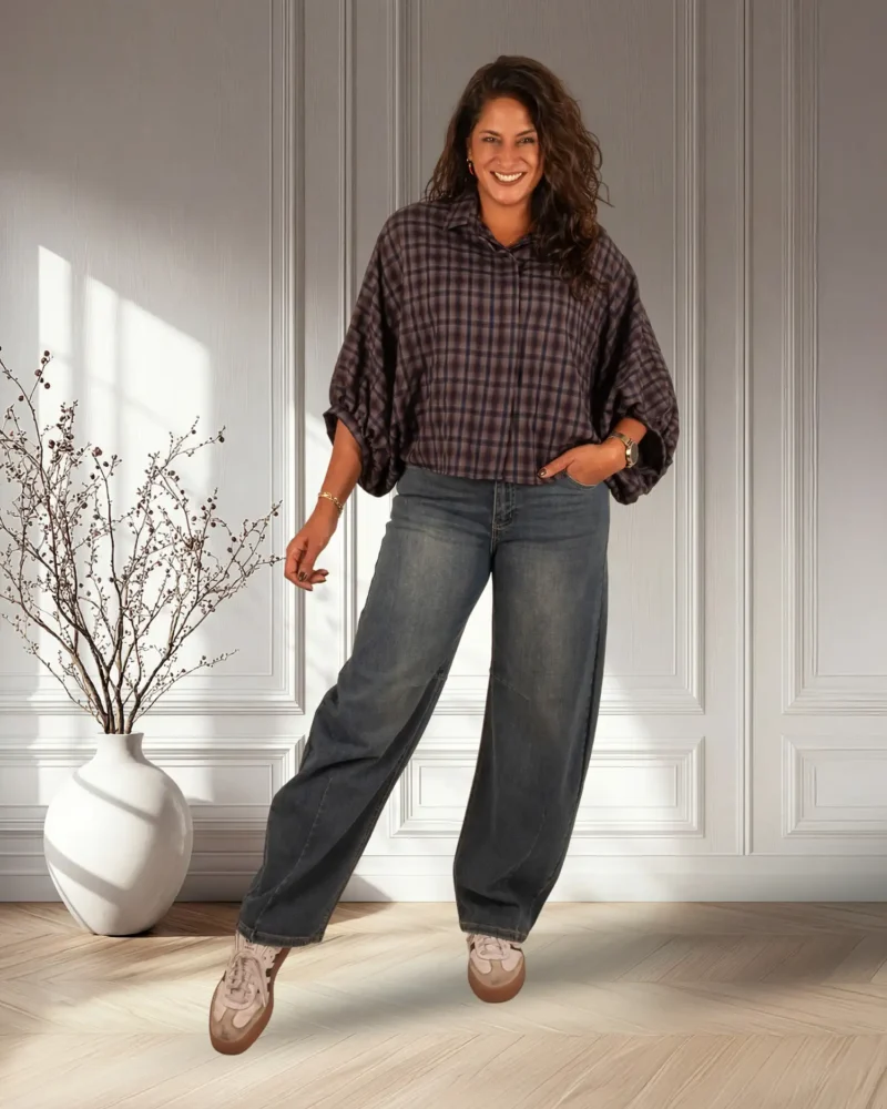 Donkerblauw/grijs geruite oversized blouse van Gemma Ricceri - Afbeelding 3