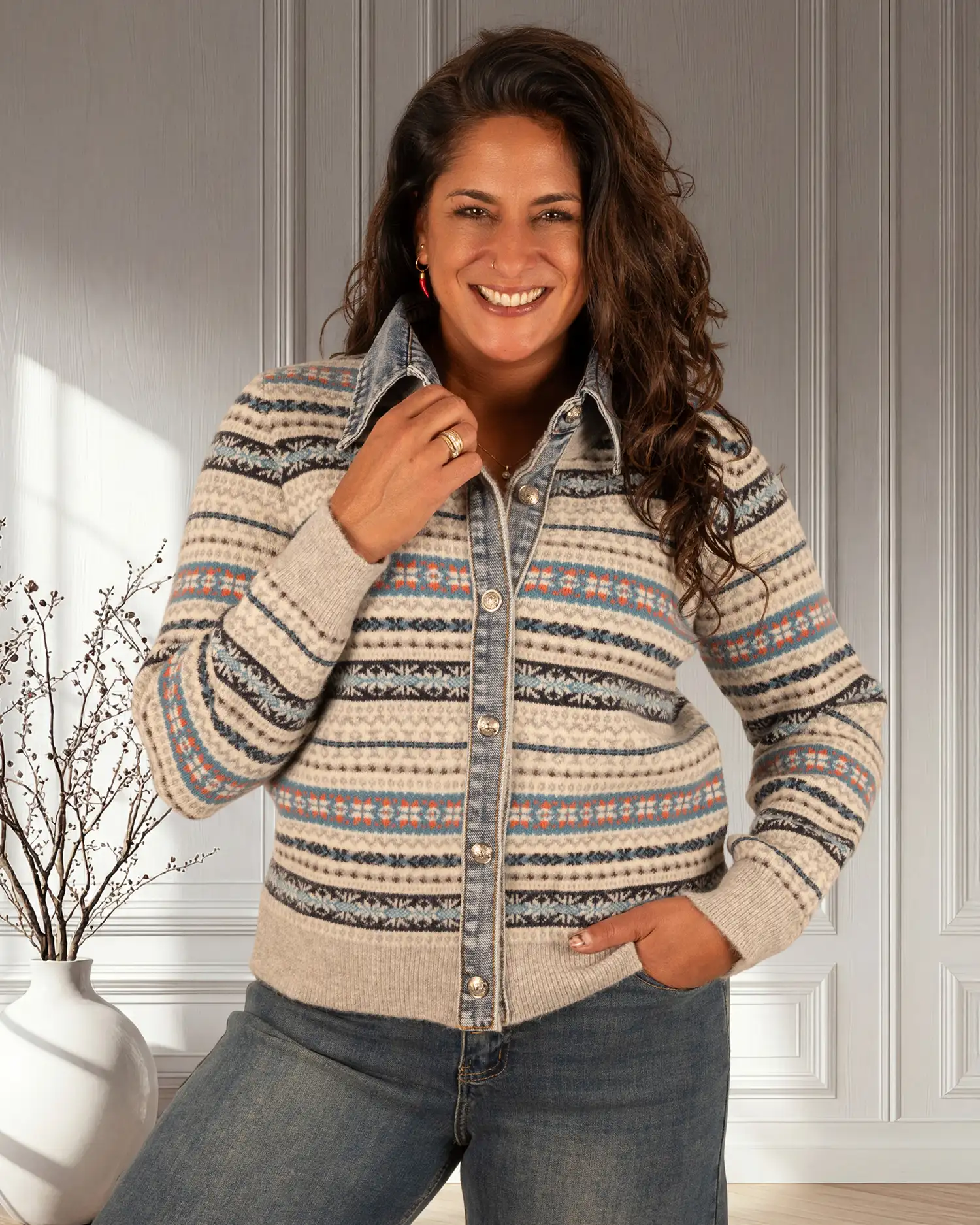 Grijze Noorse print vest jeans details van Luzabelle