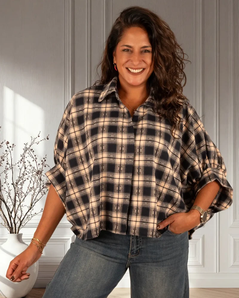 Blauw/beige geruite flanellen oversized ballonblouse van El-Vita - Afbeelding 3