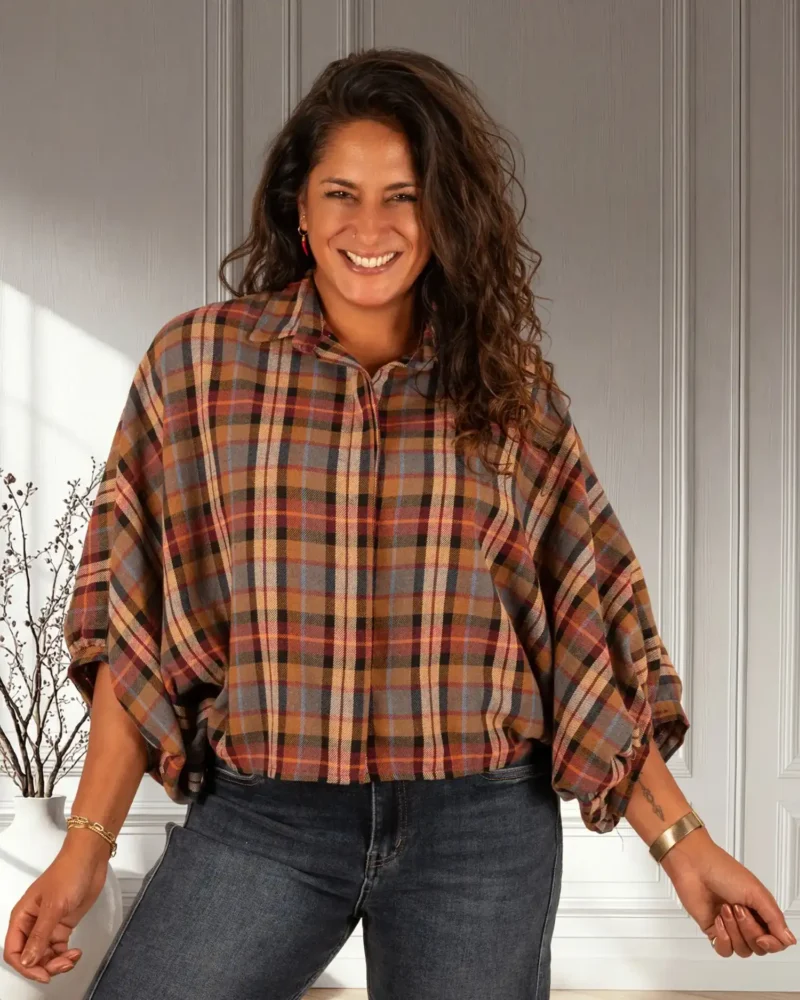 Camel geruite oversized flanellen blouse van El-Vita - Afbeelding 2