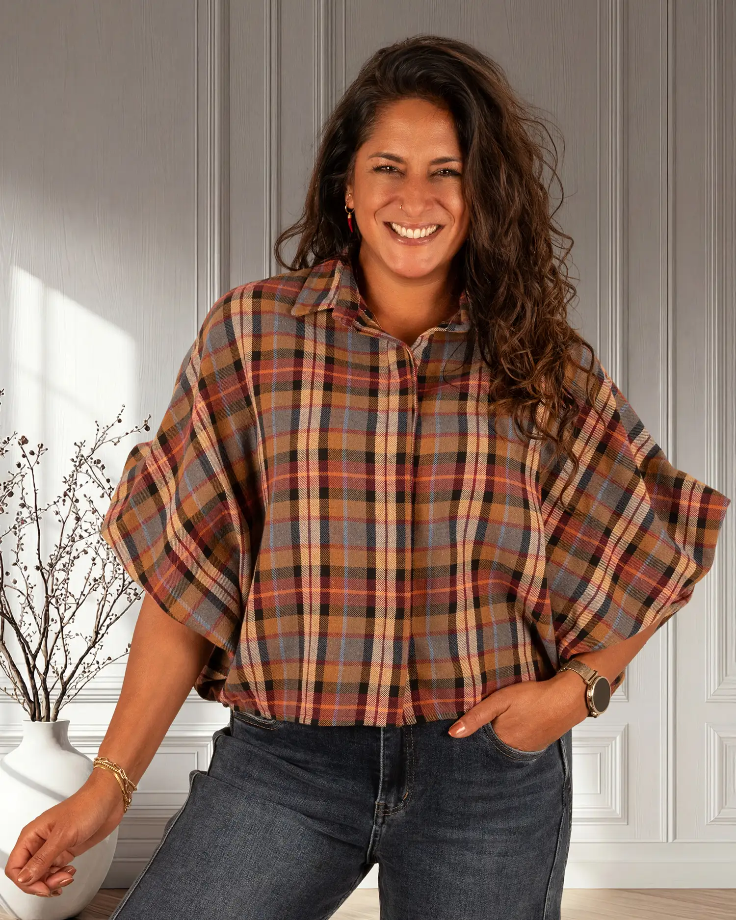 Camel geruite oversized flanellen blouse van El-Vita