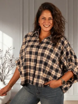 Blauw/beige geruite flanellen oversized ballonblouse van El-Vita