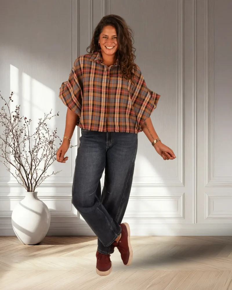 Camel geruite oversized flanellen blouse van El-Vita - Afbeelding 3