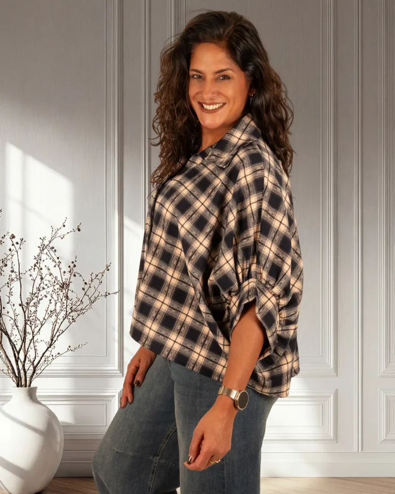 Blauw/beige geruite flanellen oversized ballonblouse van El-Vita - Afbeelding 4