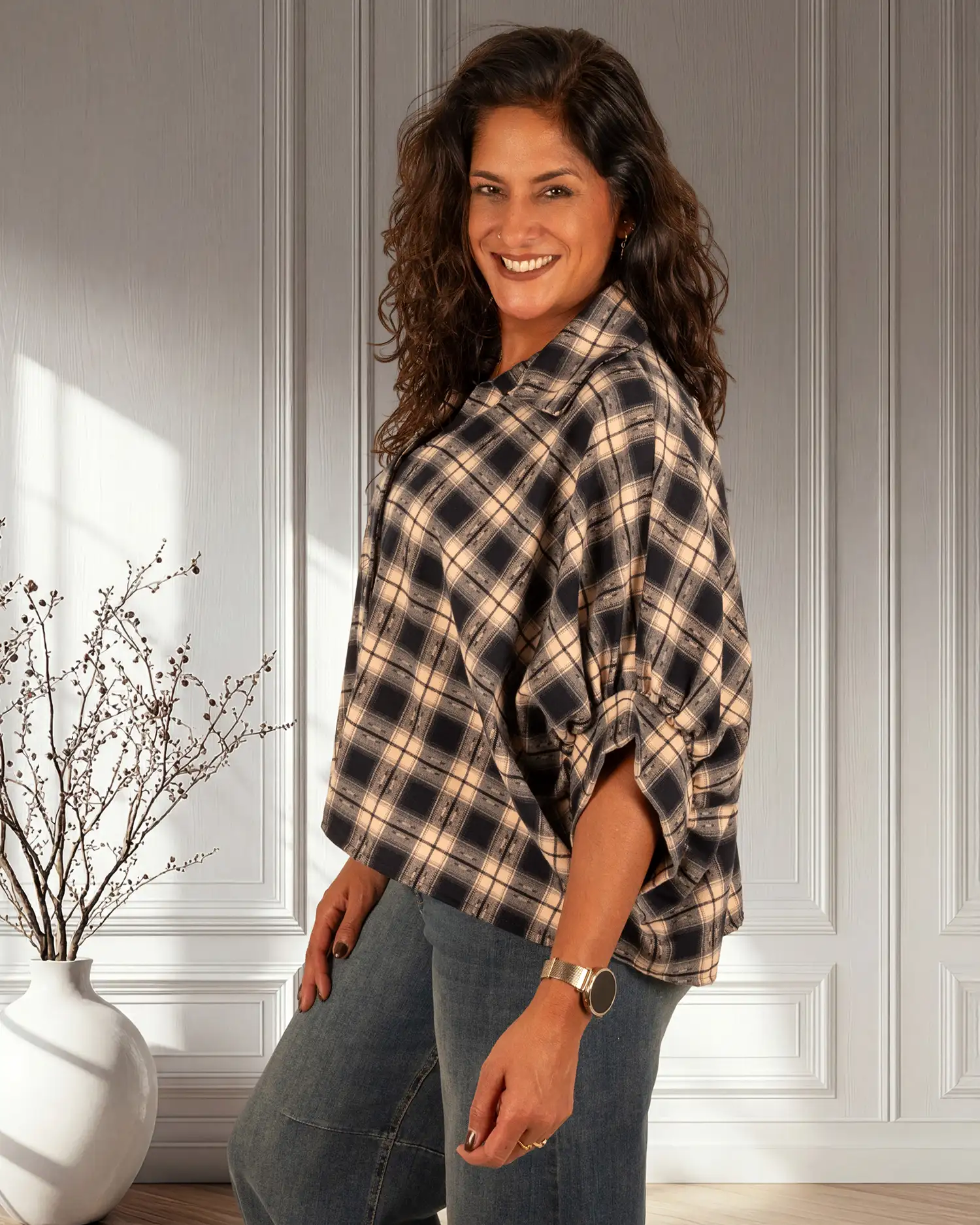 Blauw/beige geruite flanellen oversized ballonblouse van El-Vita - Afbeelding 4