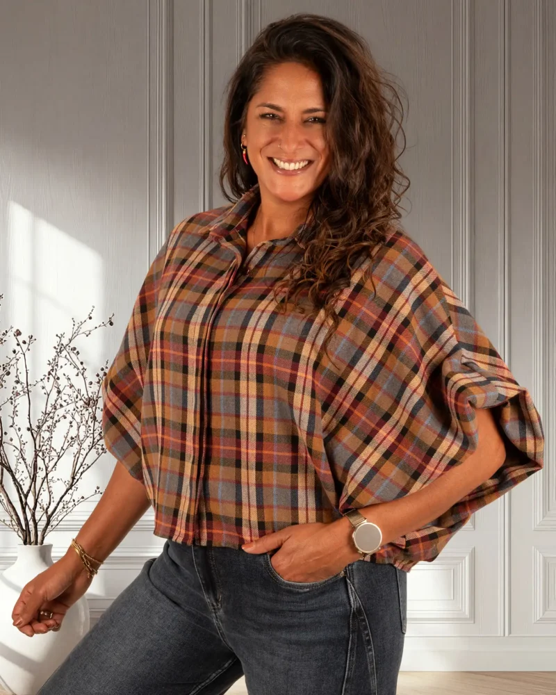 Camel geruite oversized flanellen blouse van El-Vita - Afbeelding 4