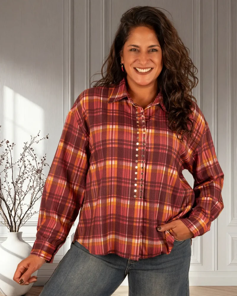 Bordeaux geruite blouse studs van Gemma Ricceri - Afbeelding 3