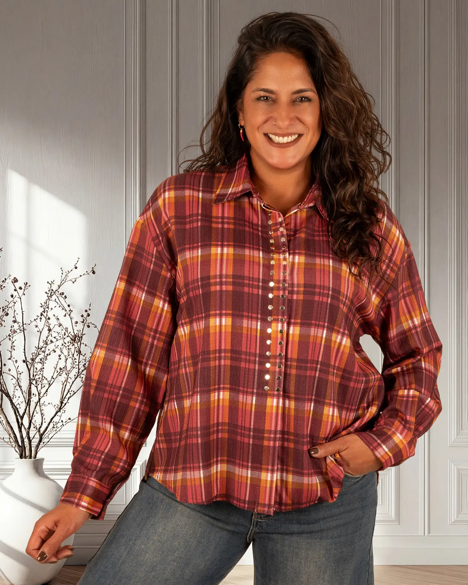 Bordeaux geruite blouse studs van Gemma Ricceri - Afbeelding 3
