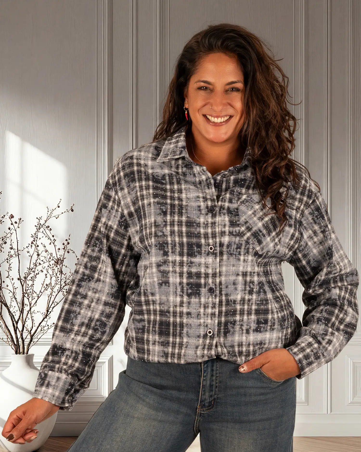 Blauwe print geruite blouse strass van Cherry Koko - Afbeelding 3