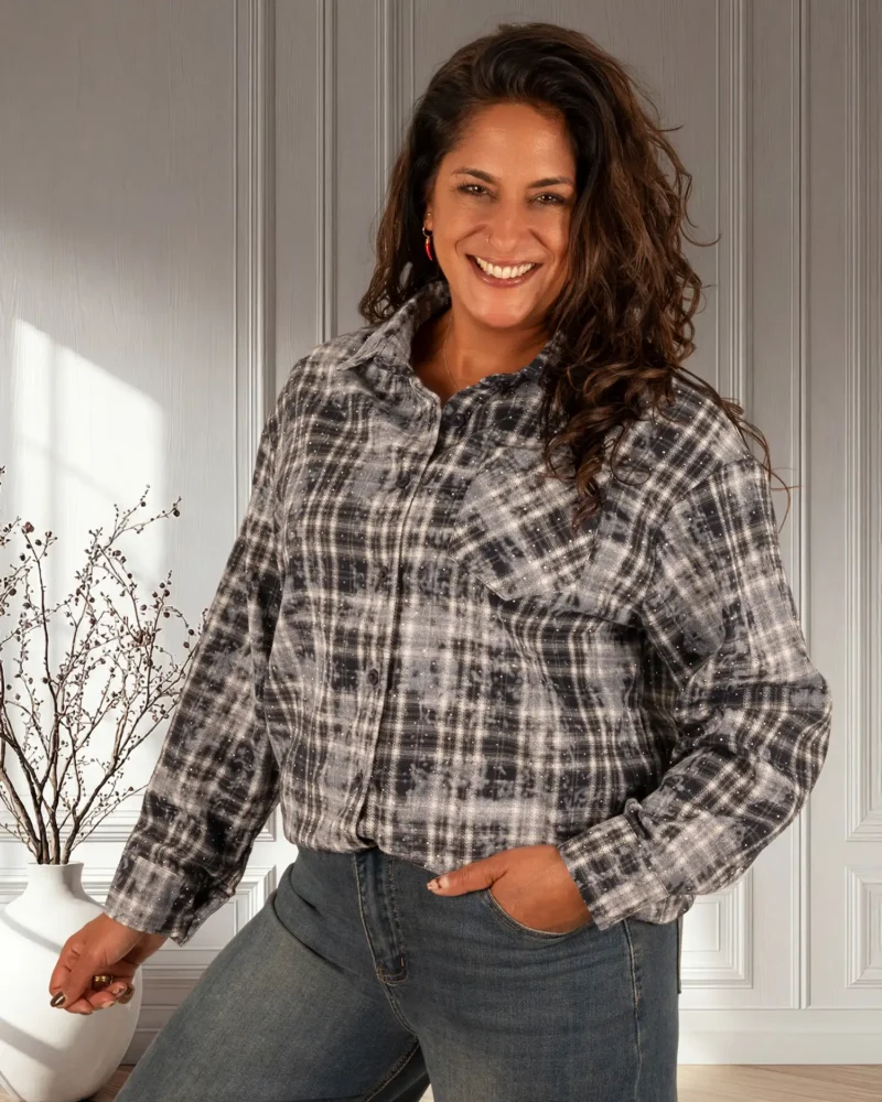 Blauwe print geruite blouse strass van Cherry Koko
