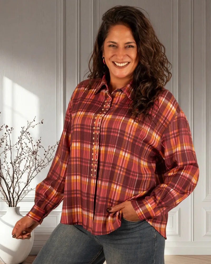 Bordeaux geruite blouse studs van Gemma Ricceri