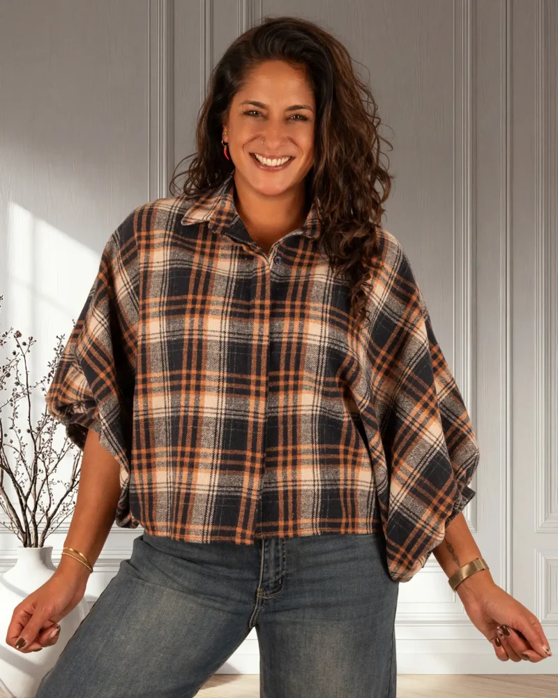 Blauw/oranje geruite flanellen oversized blouse van El-Vita