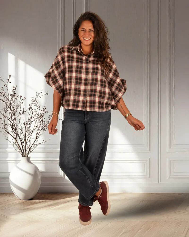 Zwart/bordeaux geruite oversized flanellen blouse van El-Vita - Afbeelding 3