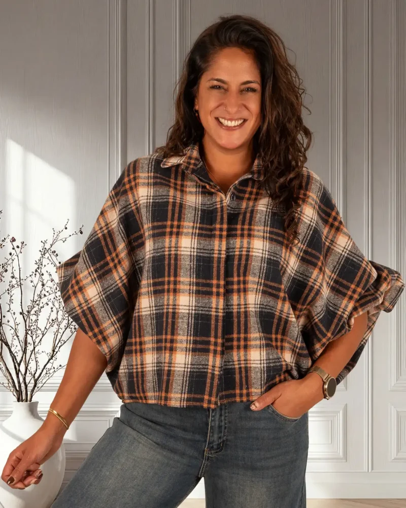 Blauw/oranje geruite flanellen oversized blouse van El-Vita - Afbeelding 2