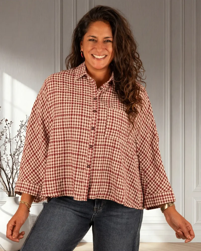 Bordeaux/beige geruite blouse van Elenza - Afbeelding 3