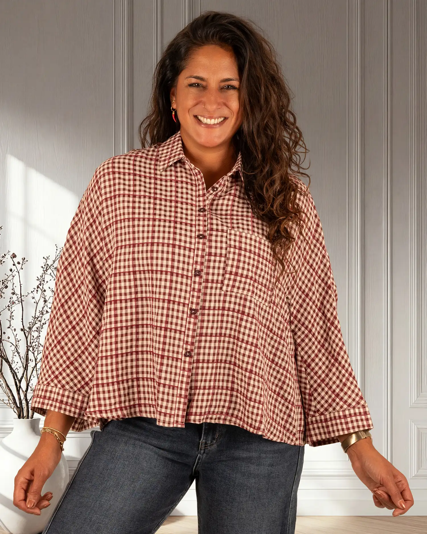 Bordeaux/beige geruite blouse van Elenza - Afbeelding 3