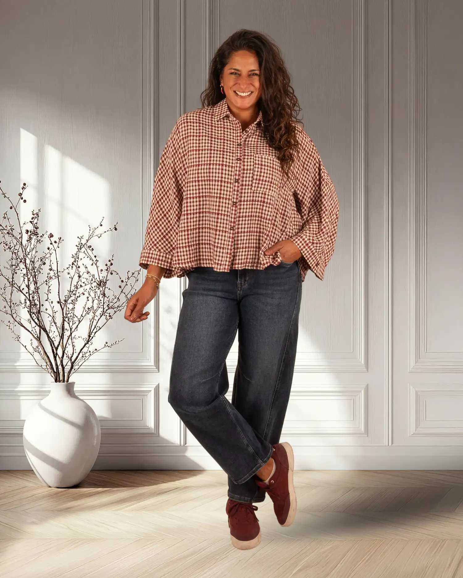 Bordeaux/beige geruite blouse van Elenza - Afbeelding 2