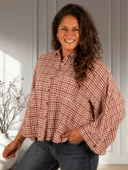 Bordeaux/beige geruite blouse van Elenza