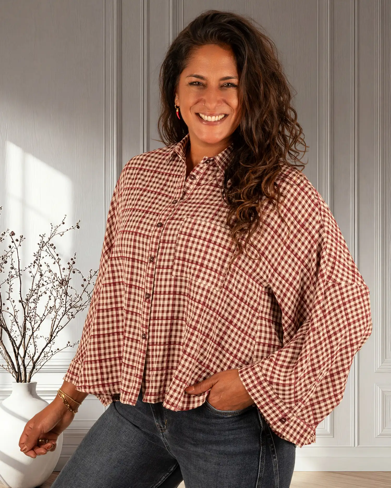 Bordeaux/beige geruite blouse van Elenza