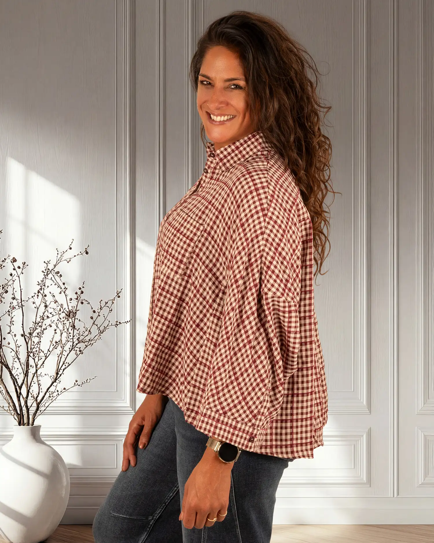 Bordeaux/beige geruite blouse van Elenza - Afbeelding 4