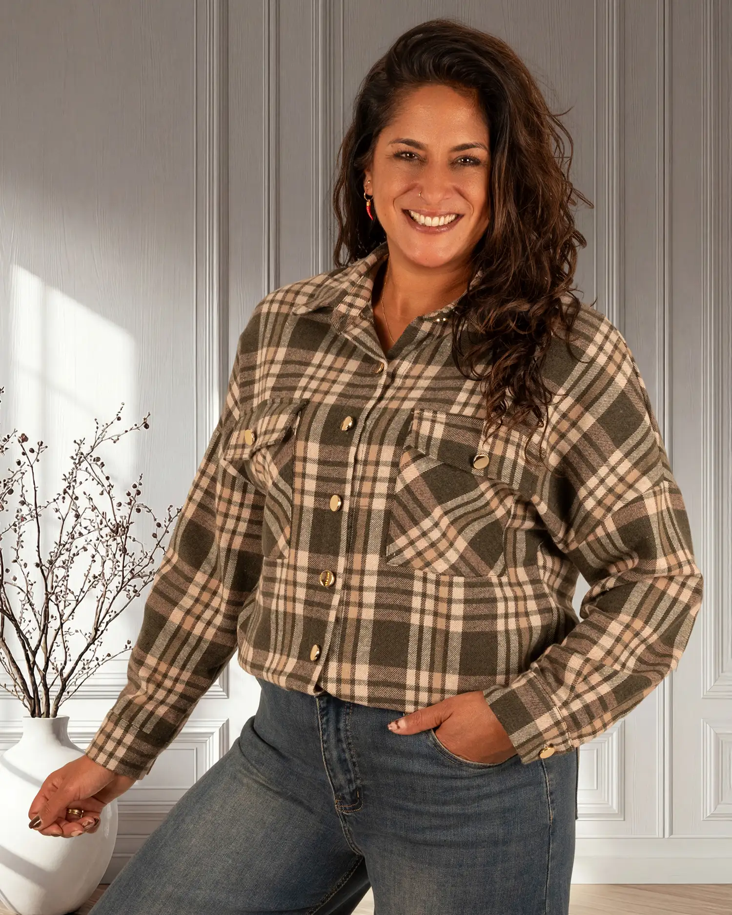 Groen/ecru geruite flanellen blouse van Gemma Ricceri - Afbeelding 3