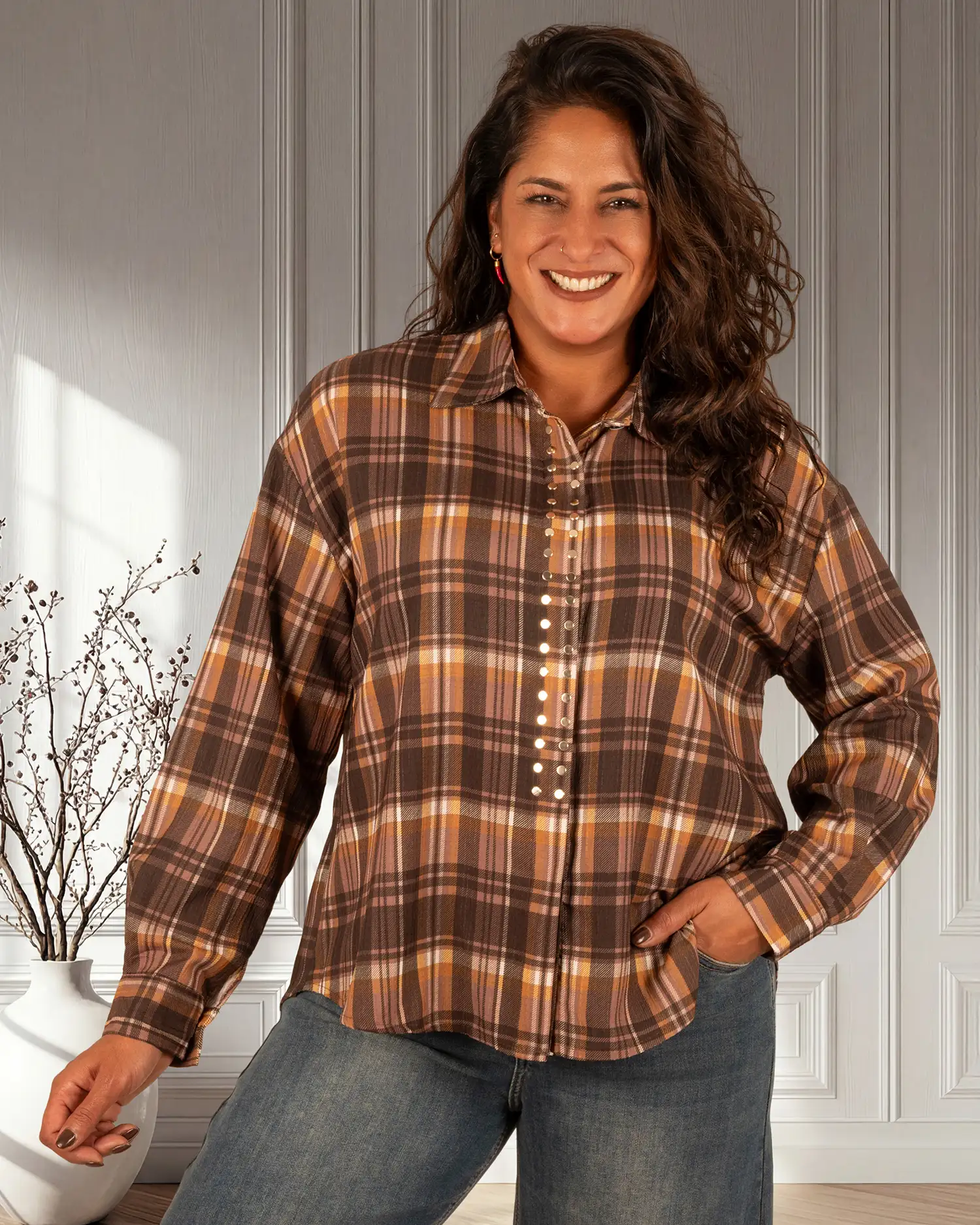 Bruin/oker geruite blouse studs van Gemma Ricceri - Afbeelding 3