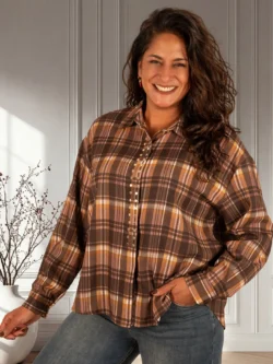 Bruin/oker geruite blouse studs van Gemma Ricceri