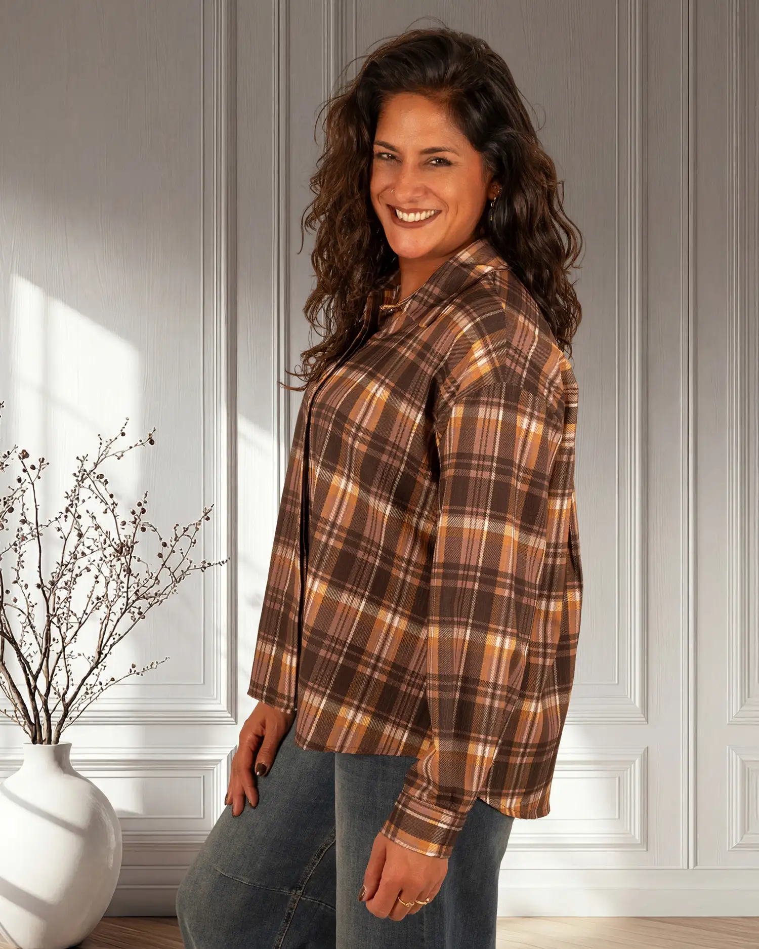 Bruin/oker geruite blouse studs van Gemma Ricceri - Afbeelding 4