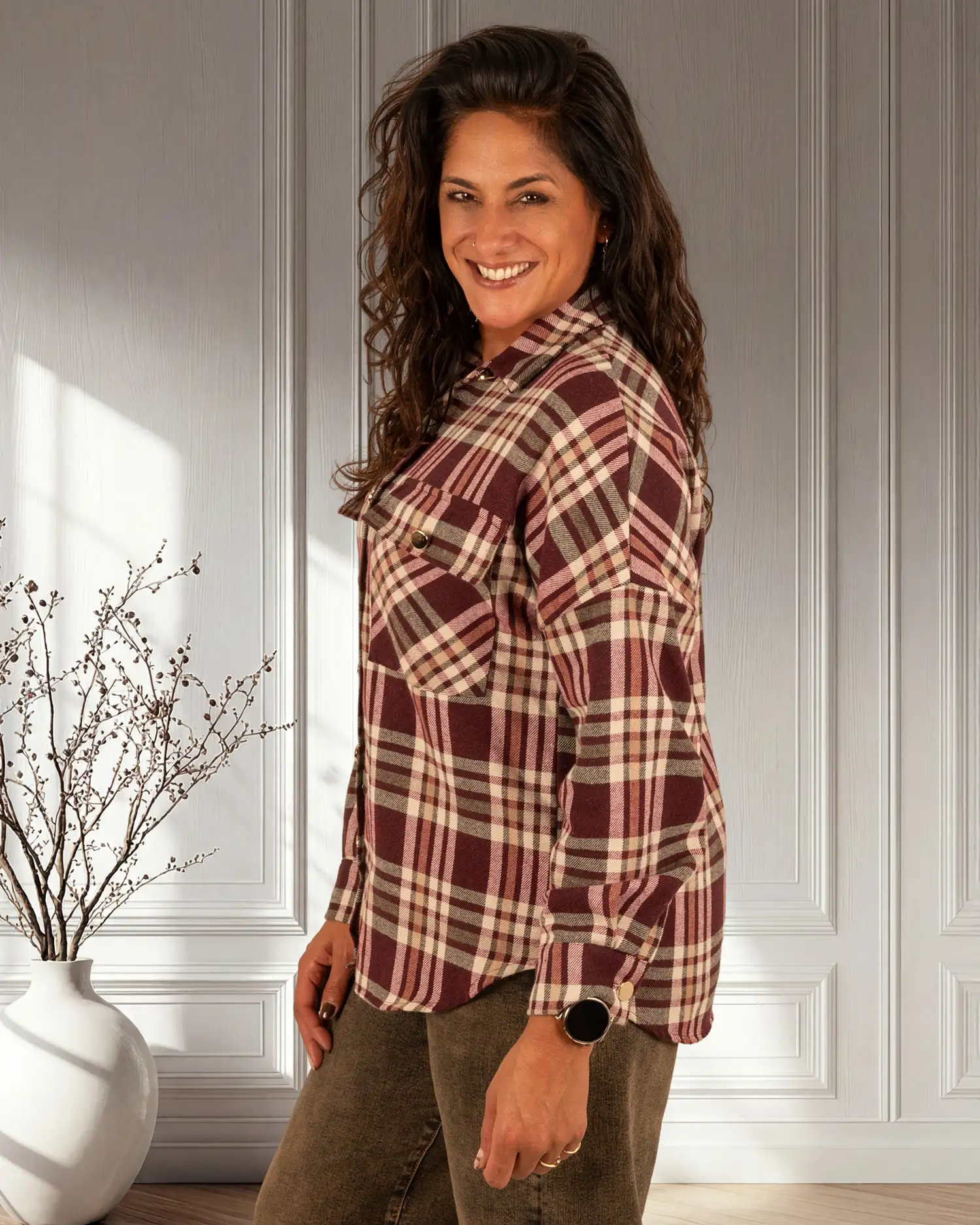 Bordeaux/ecru geruite flanellen blouse van Gemma Ricceri - Afbeelding 4