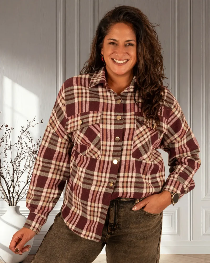 Bordeaux/ecru geruite flanellen blouse van Gemma Ricceri