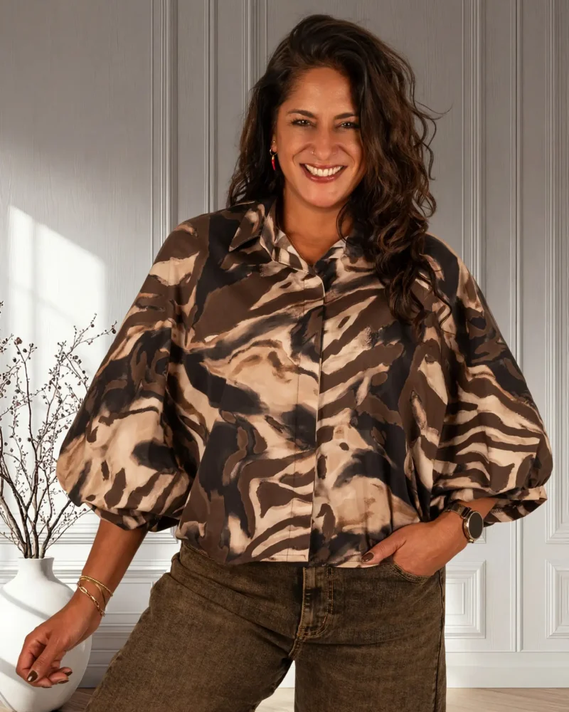 Beige/bruin print oversized blouse van El-Vita