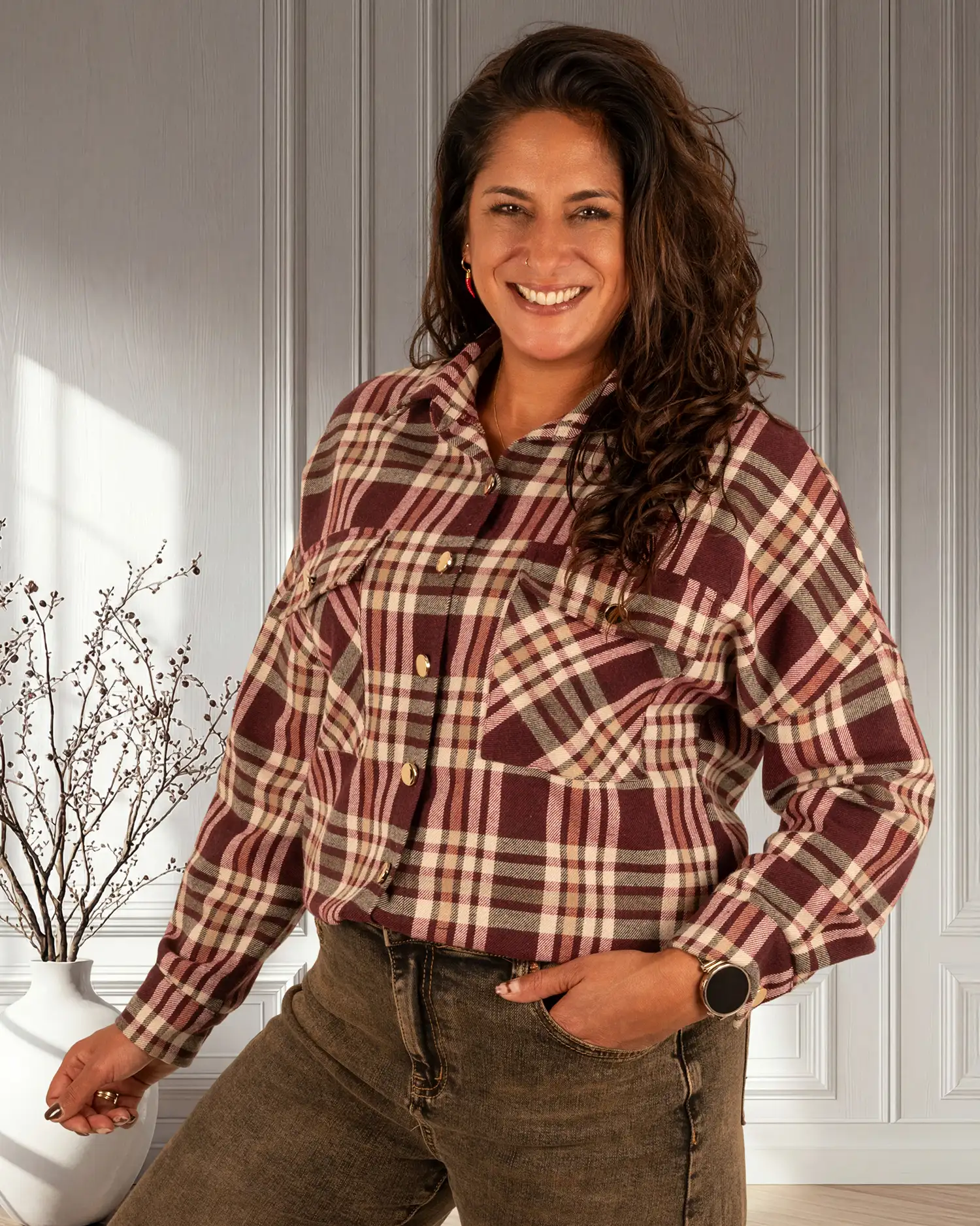 Bordeaux/ecru geruite flanellen blouse van Gemma Ricceri - Afbeelding 3